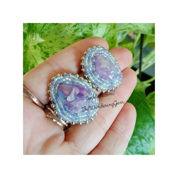 Aura Amethyst Gemstone Beaded Stud Earrings, Purple Boho Statement - Picture 2 of 5